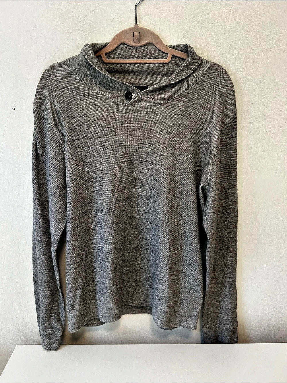 Banana Republic Merino Wool Waffle Knit Button Mock Neck Sweater Gray